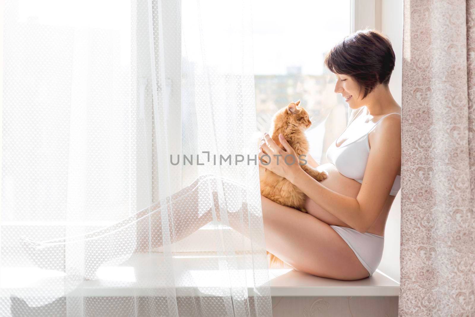 Pregnant woman in white underwear with cute ginger cat. Young woman expecting a baby. Risk of infection toxoplasmosis.