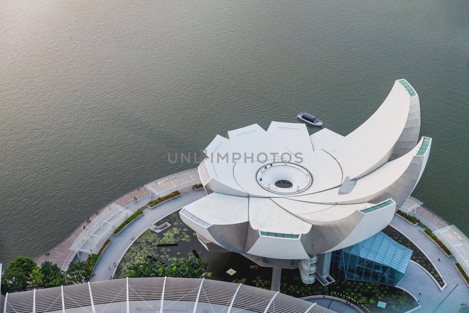 SINGAPORE, SINGAPORE - January 17, 2013. Upper view on ArtScience Museum, built in shape of lotus flower. Famous architectural landmark.