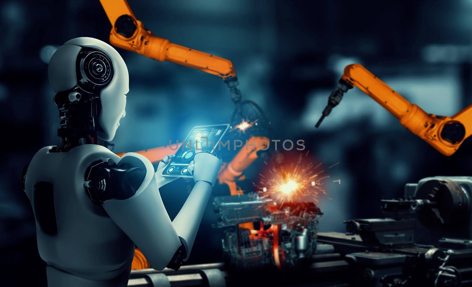 Mechanized industry robot and robotic arms for assembly in factory production . Concept of artificial intelligence for industrial revolution and automation manufacturing process .