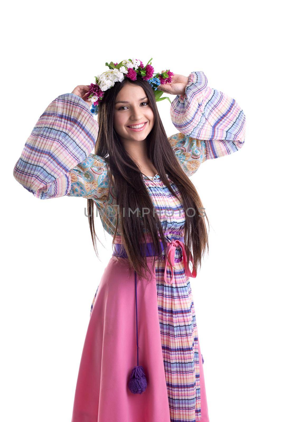 Beauty girl with garland in oriental russian costume isolated
