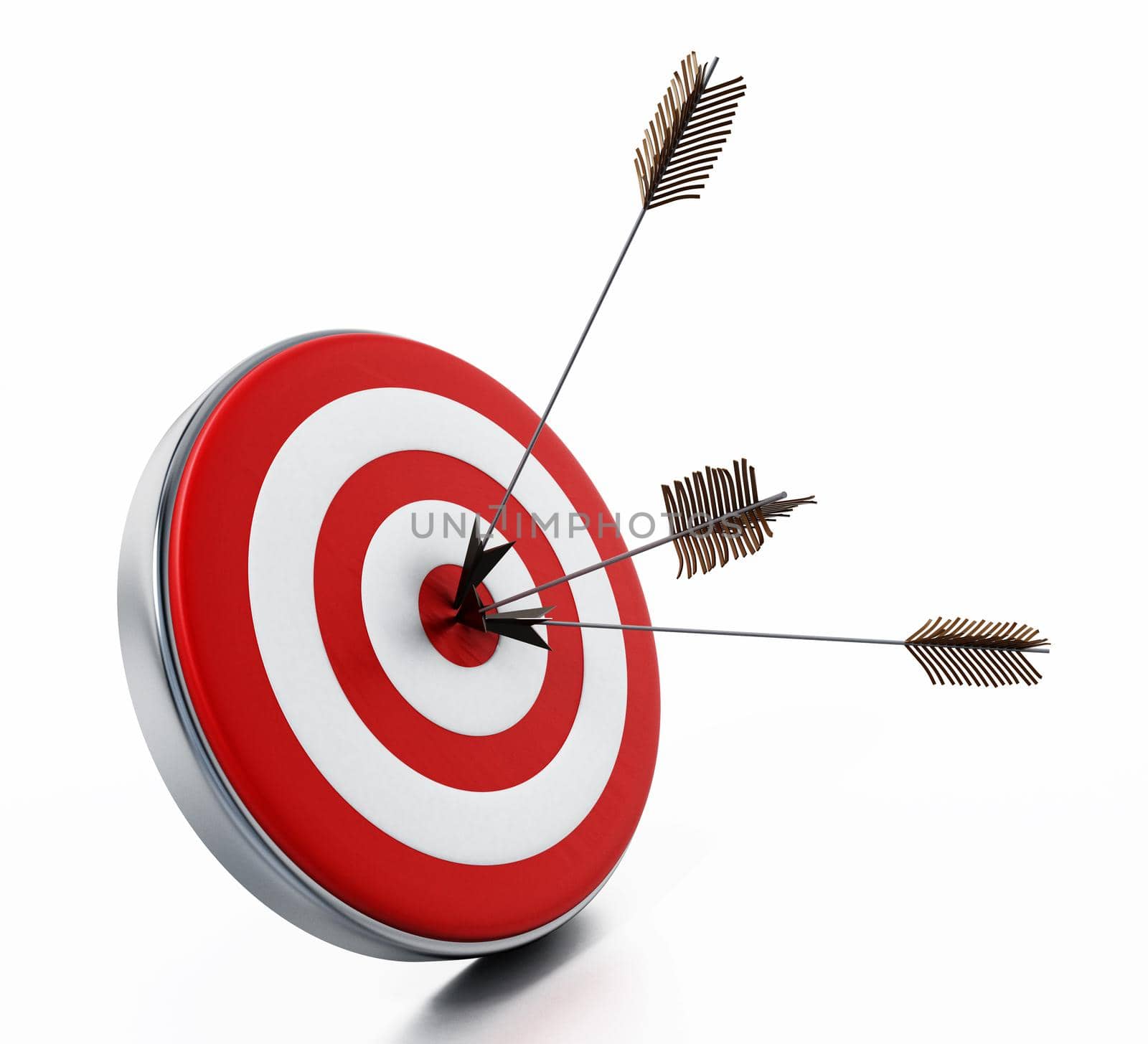 Arrows hit right on target bullseye. 3D illustration.