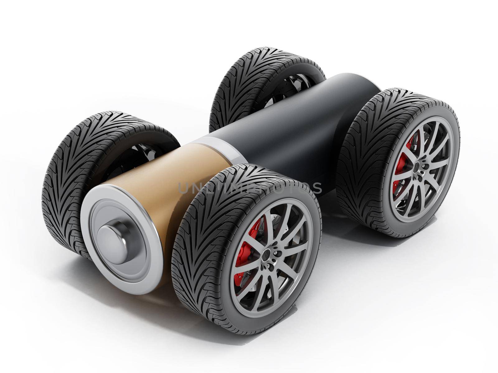 Wheels and tires connected to AA battery. 3D illustration by Simsek