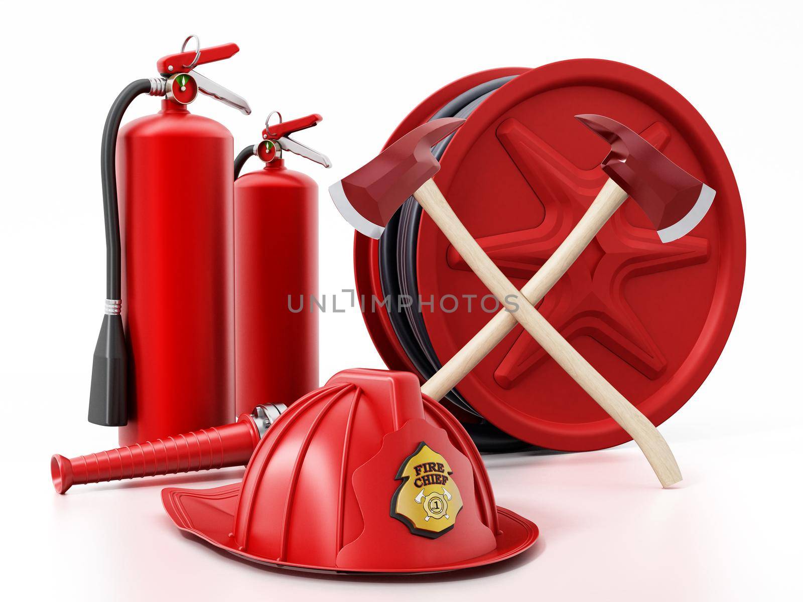 Fireman hat, hose, extinguishers isolated on white background 3D illustration