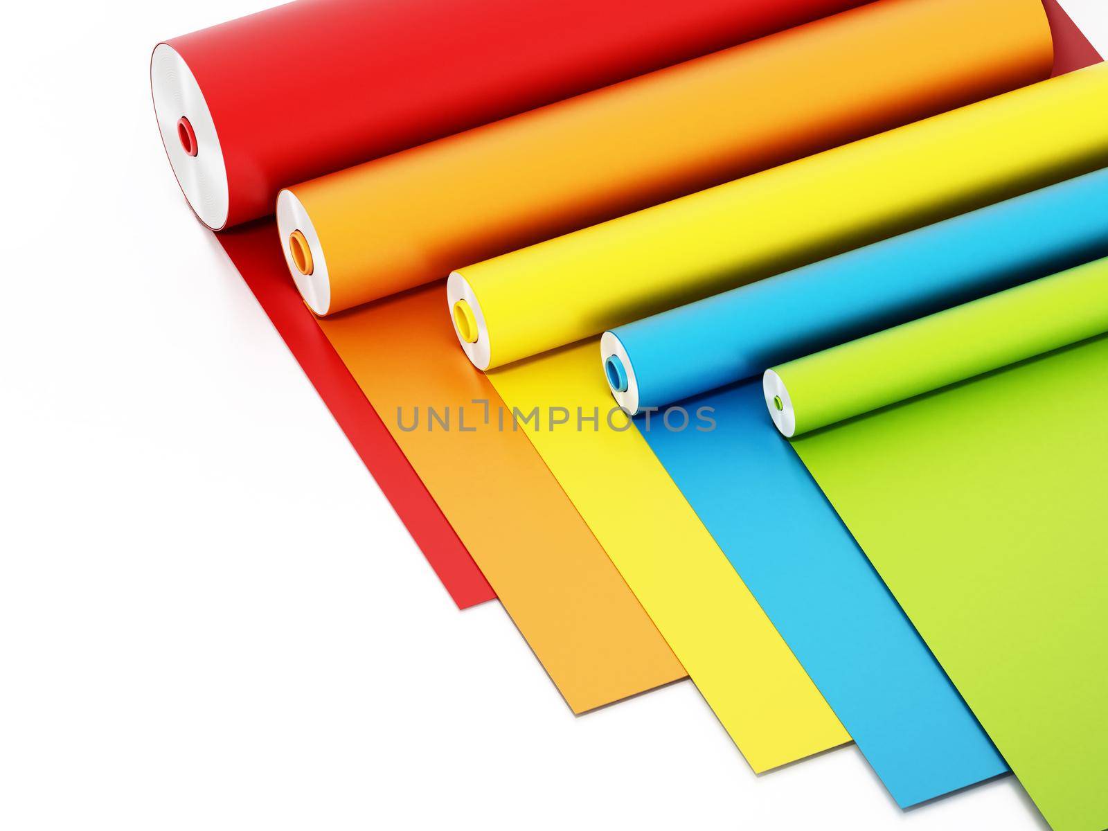 Vibrant colored adhesive films isolated on white background. 3D illustration by Simsek