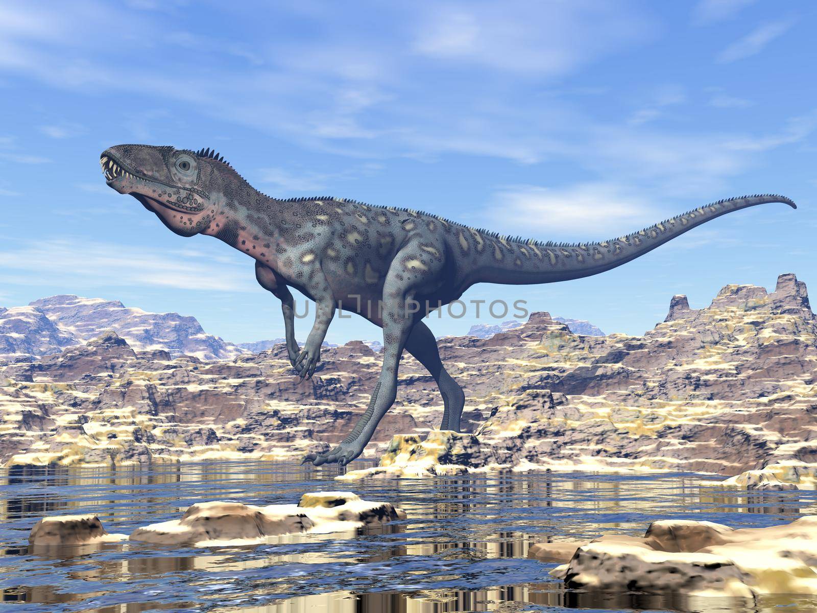 Masiakasaurus dinosaur walking in the desert next to water by day - 3D render