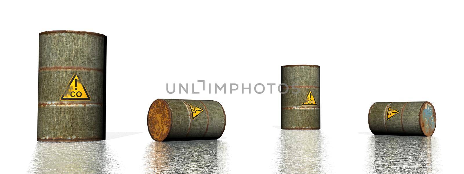 Four grey metallic carbon monoxide barrels - 3D render by Elenaphotos21