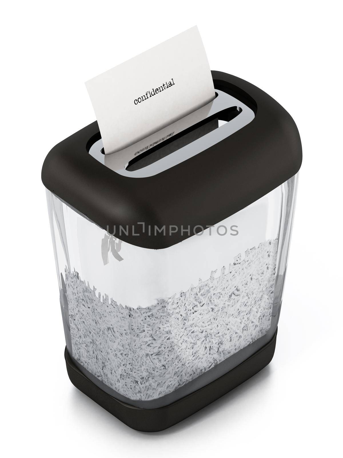 Paper shredder full of shredded paper. 3D illustration by Simsek