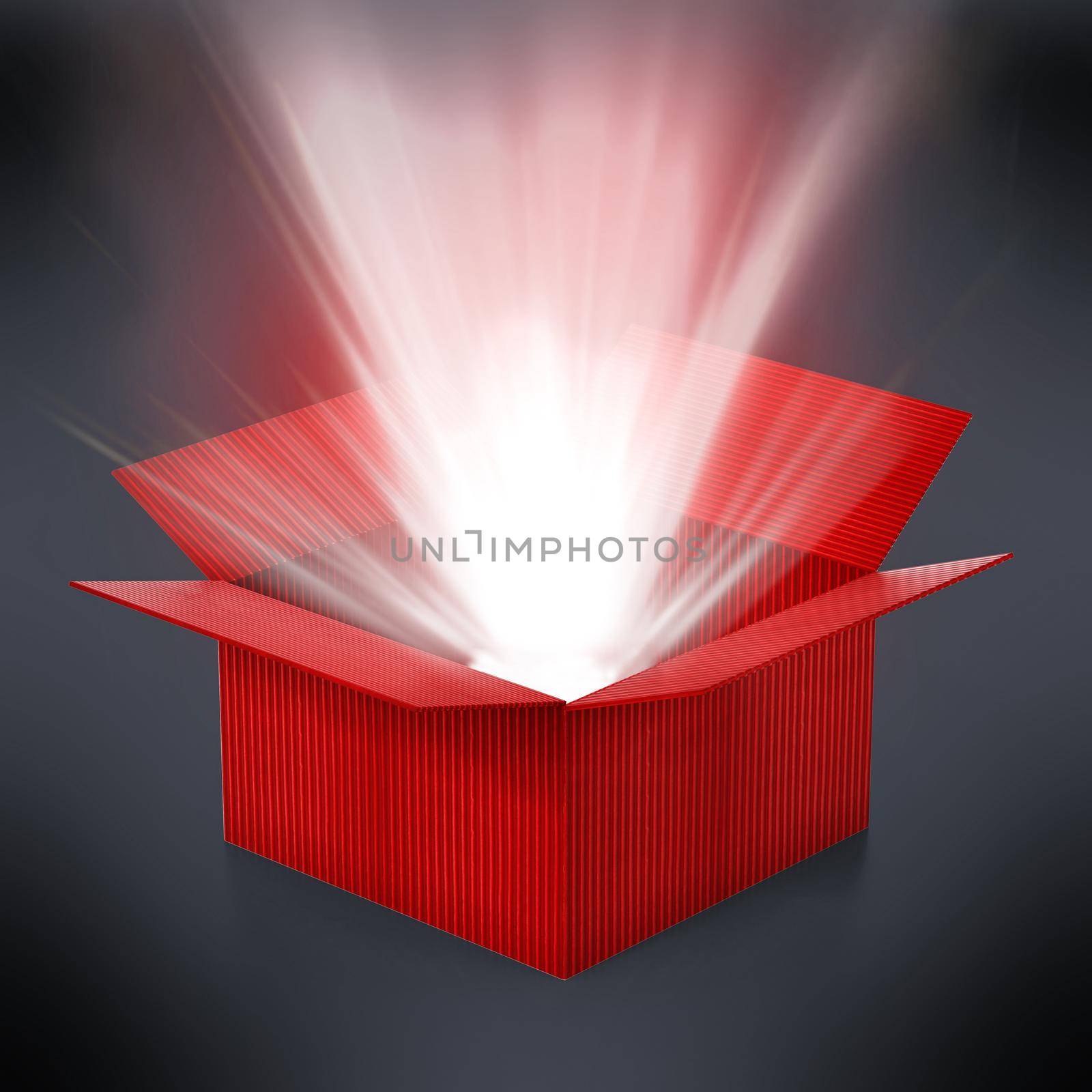 Red cardboard box with glowing light ray standing out. 3D illustration by Simsek