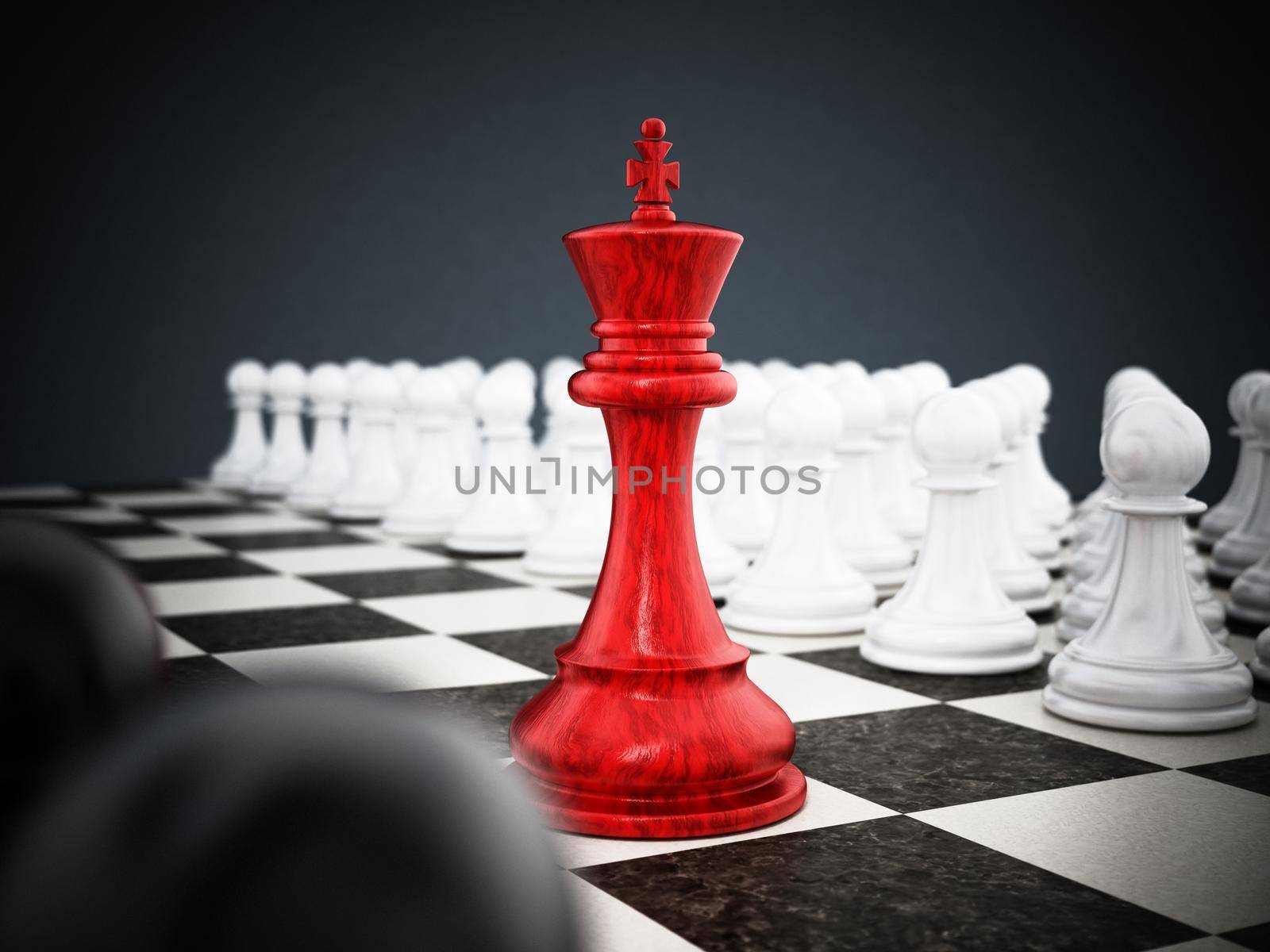 Red chess king standing between white and black pawns. 3D illustration.