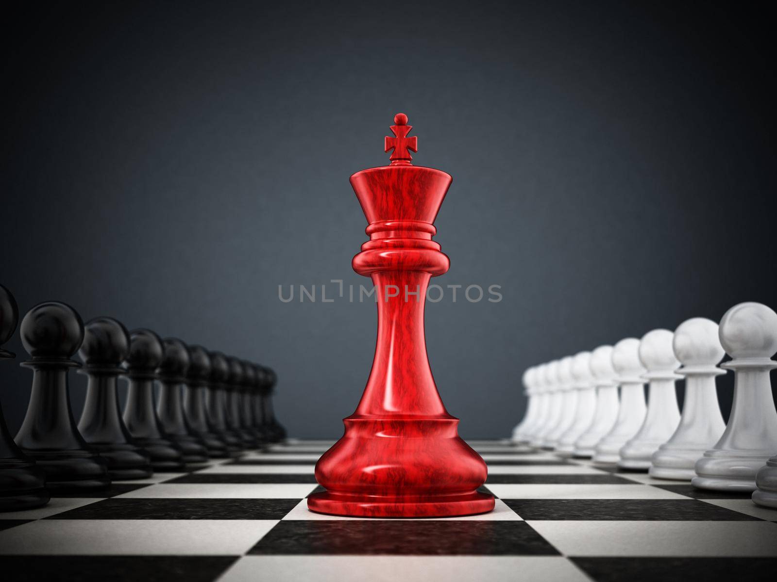 Red chess king standing between white and black pawns. 3D illustration by Simsek