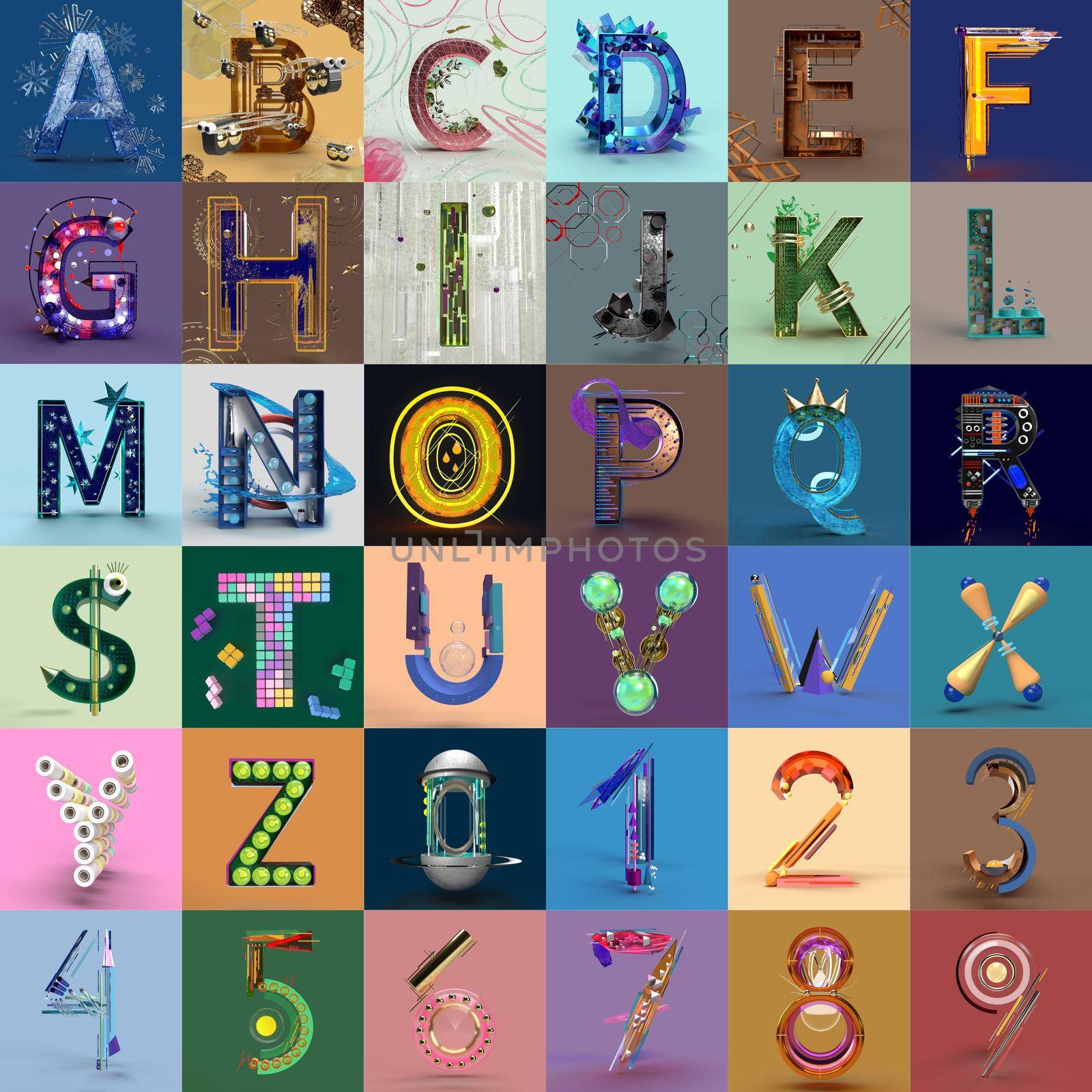 3d alphabet illustration with letters and numbers by kisika