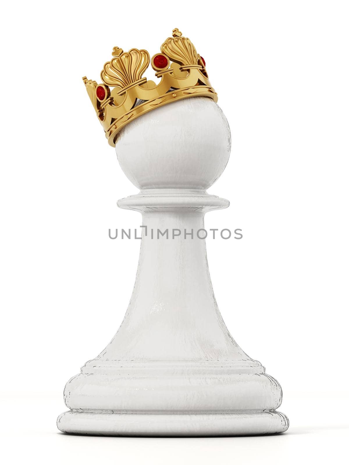 White chess pawn with golden crown. 3D illustration.