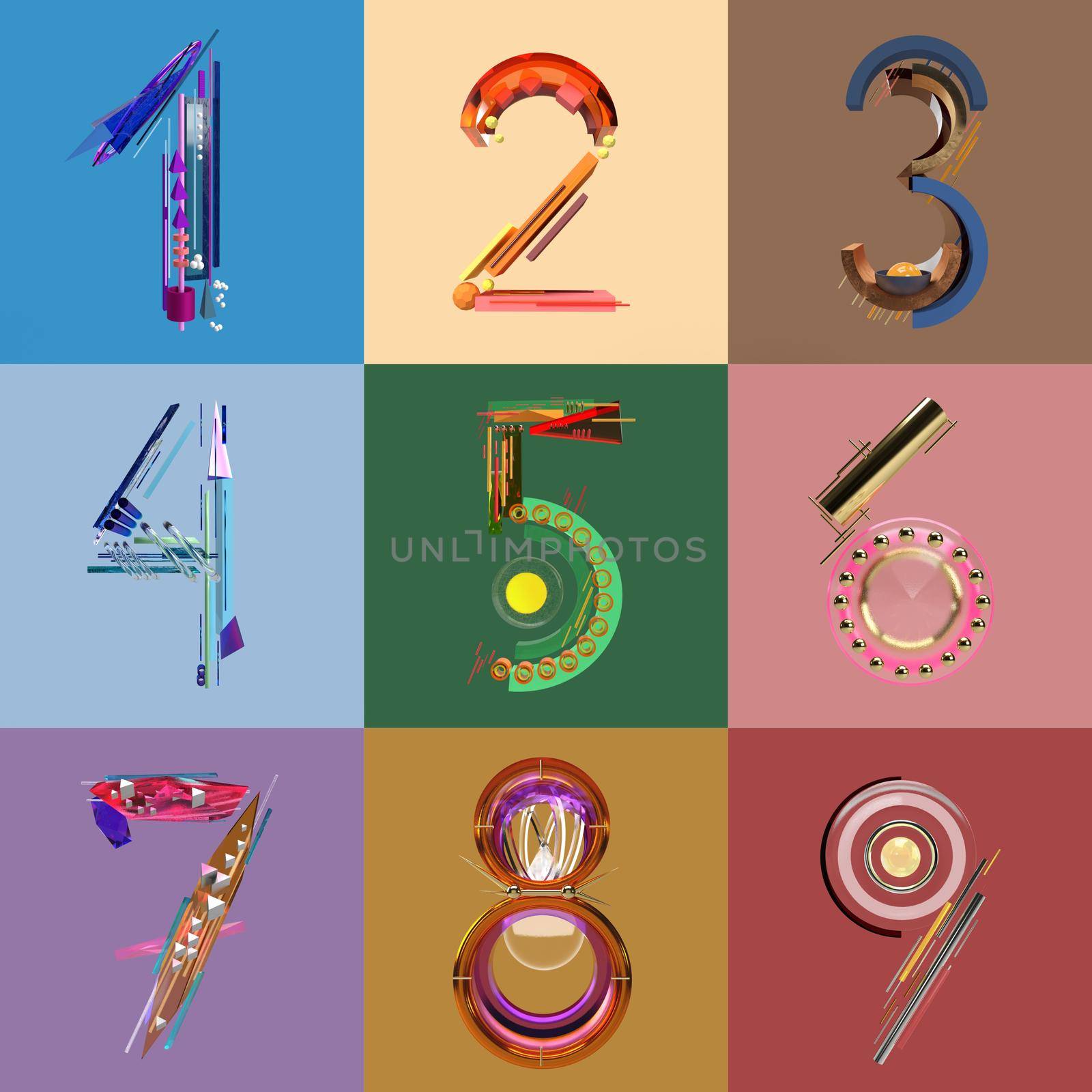 Abstract 3d render numbers one to nine set by kisika