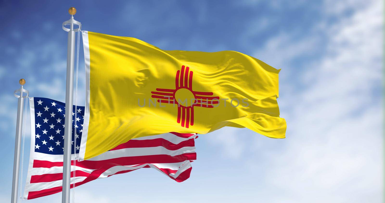 The New Mexico state flag waving along with the national flag of the United States of America by rarrarorro