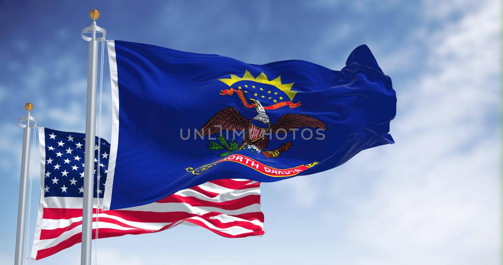 The North Dakota state flag waving along with the national flag of the United States of America by rarrarorro