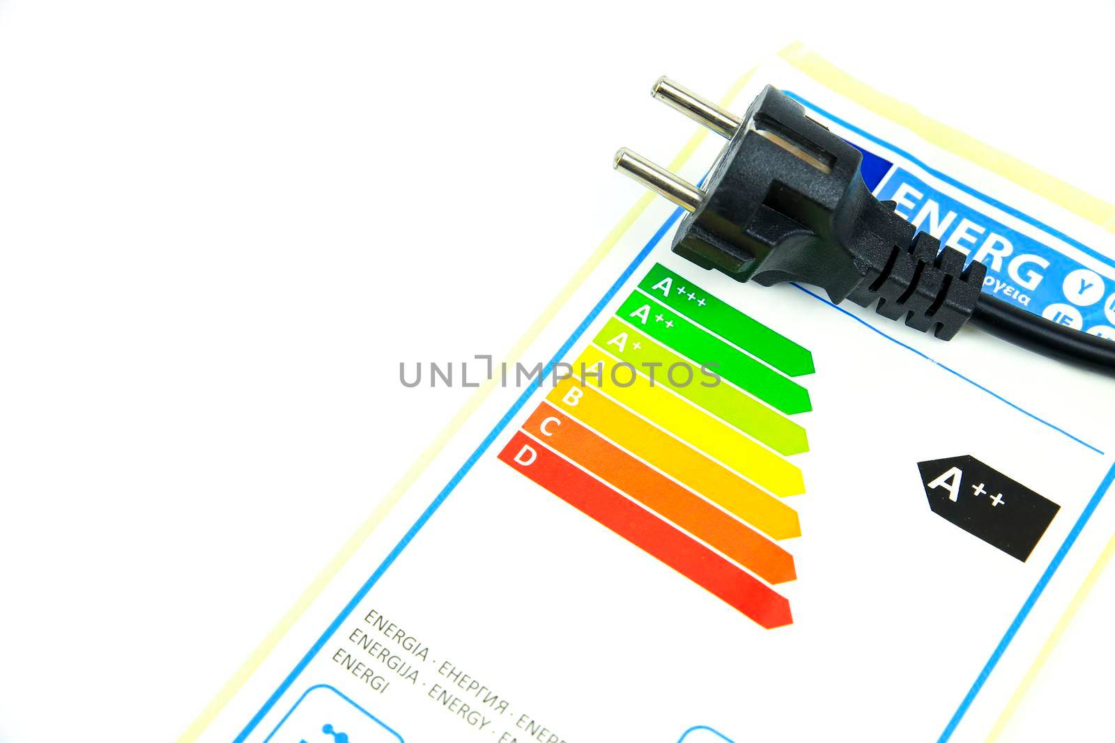 European Union Energy Label next to pin power plug by soniabonet