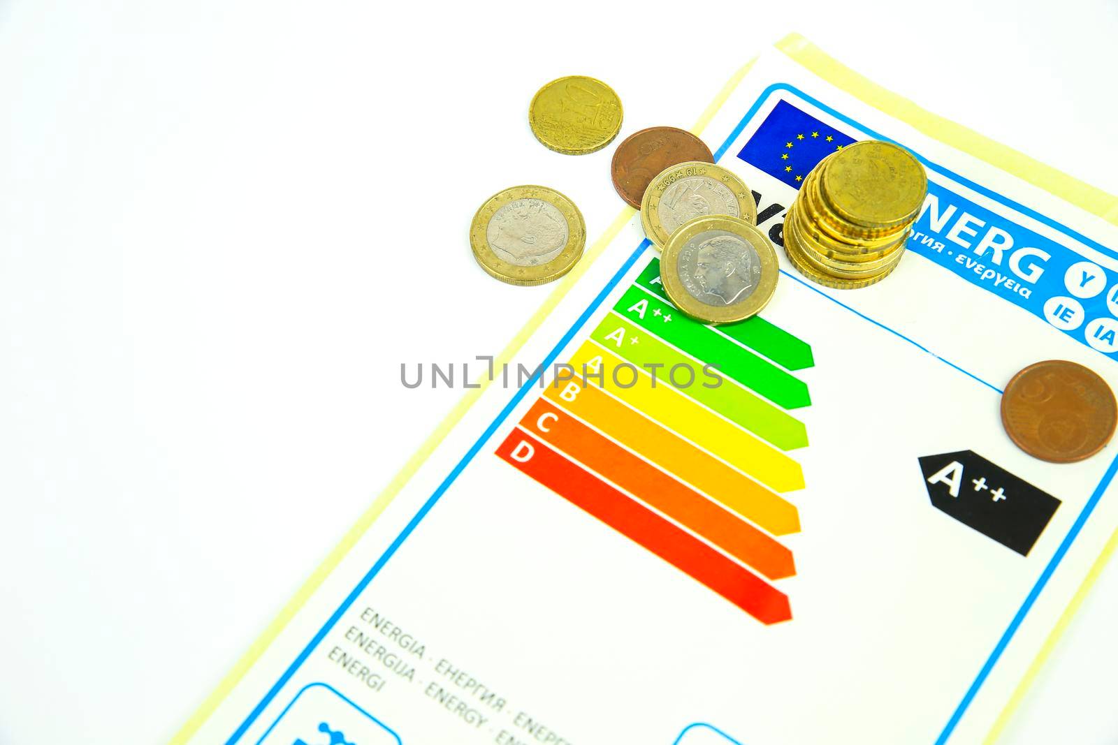 European Union Energy Label next to coins on white background