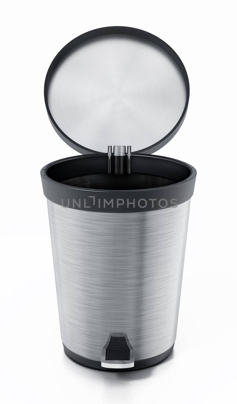 Brushed steel trash bin isolated on white background. 3D illustration by Simsek