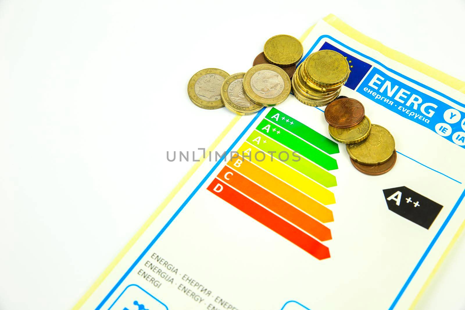 European Union Energy Label next to coins by soniabonet