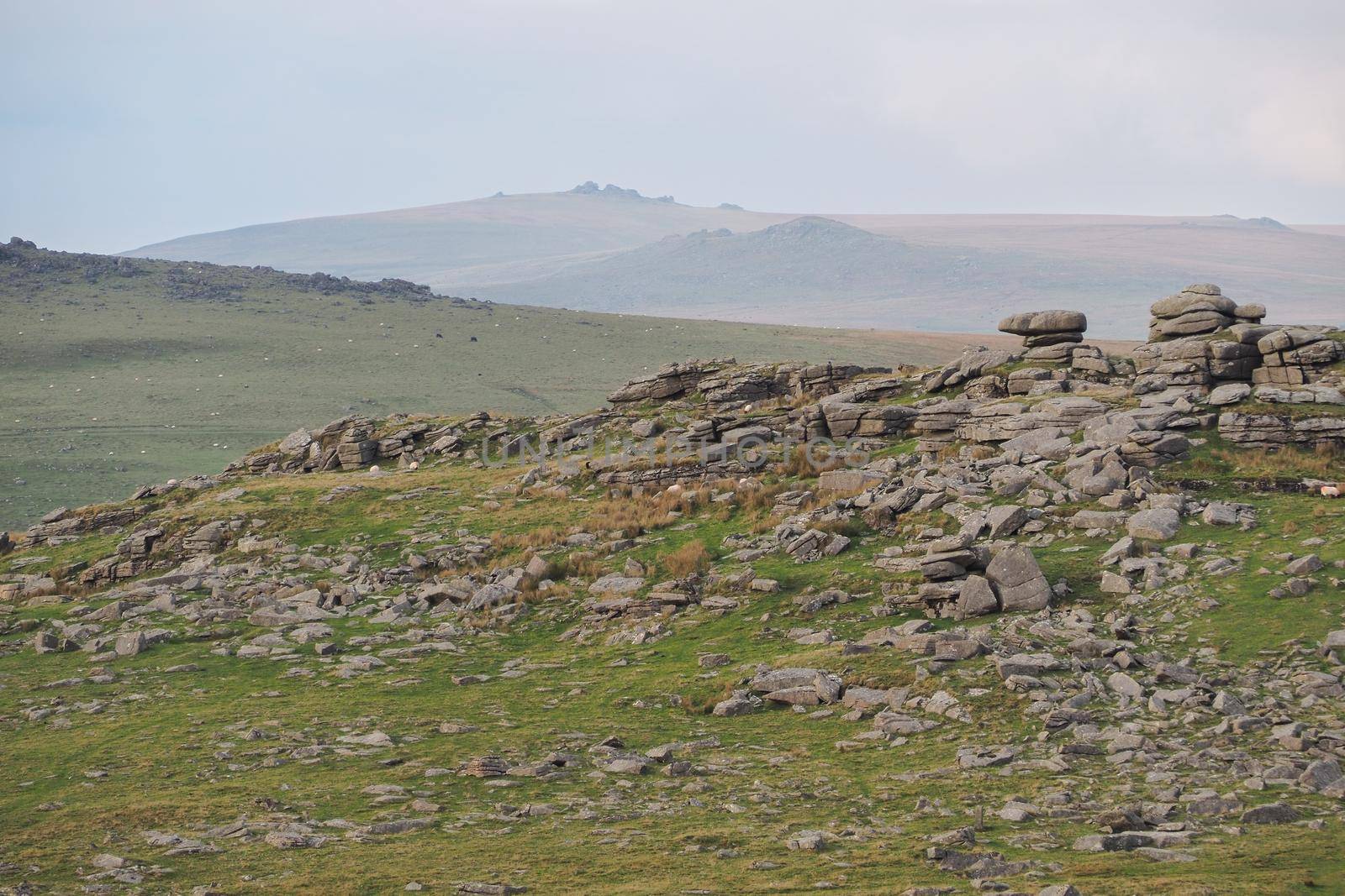 Looking from Great Staple Tor over Roos Tor to north Dartmoor and the highest point of High Willhays, Dartmoor National Park, Devon, UK