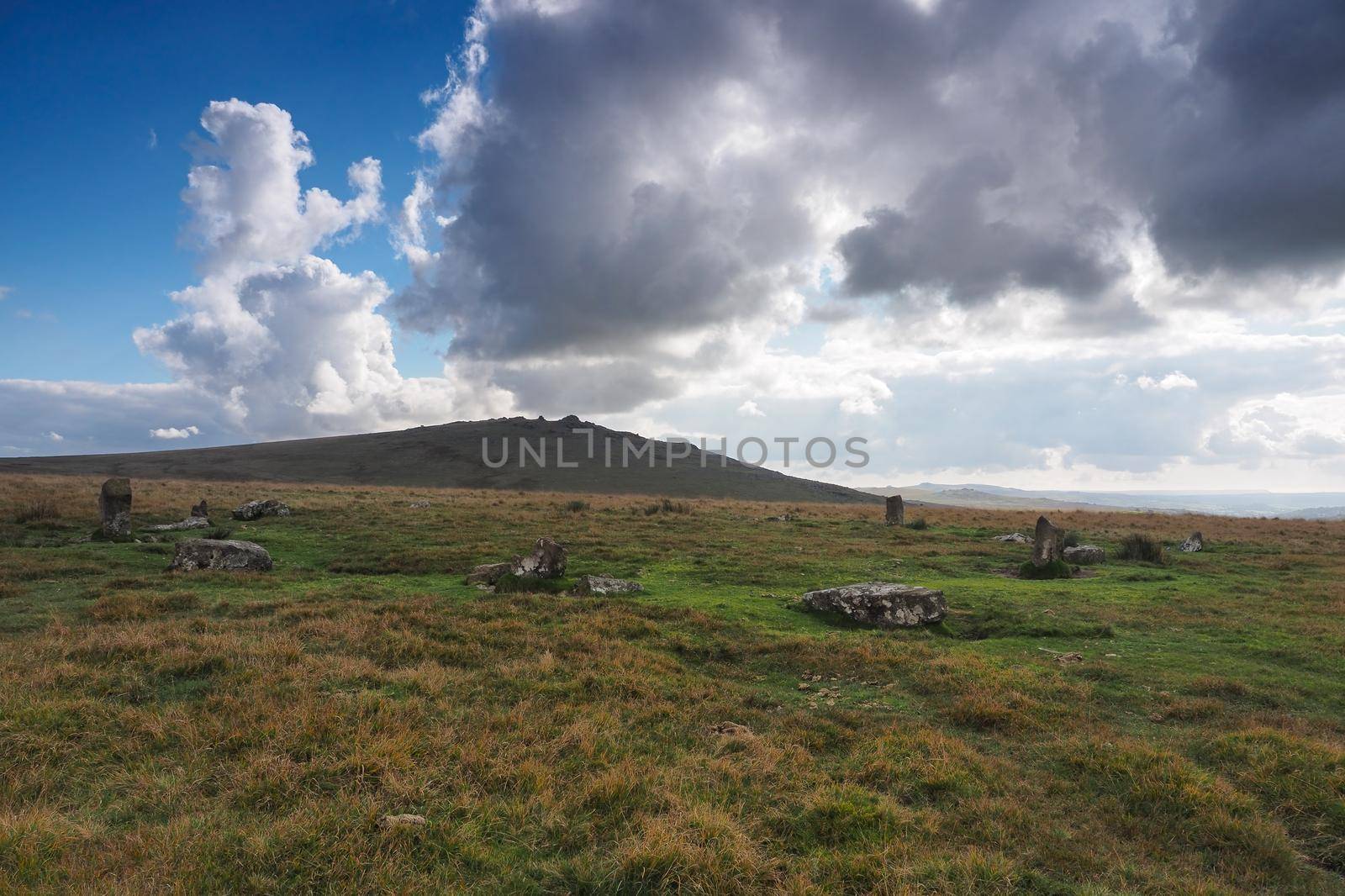 Ancient stone circle under Great Mis Tor, Dartmoor National Park, Devon by PhilHarland