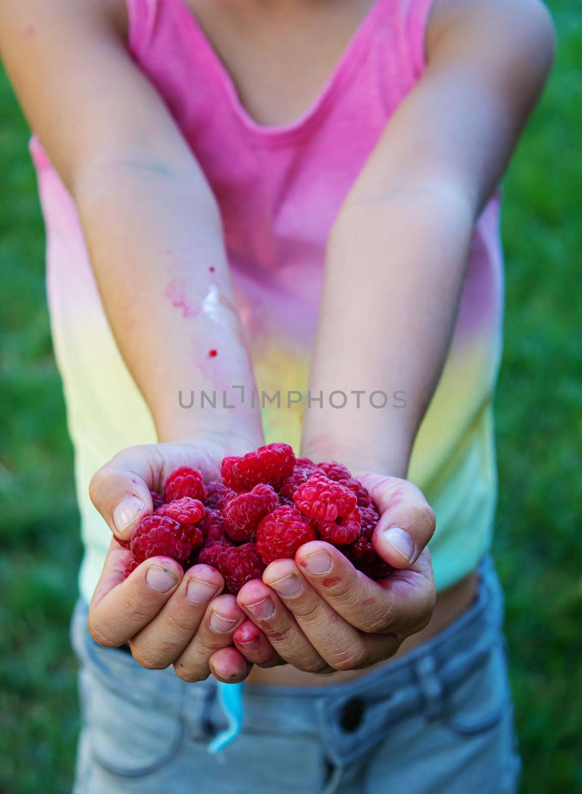 child holding raspberries in his hands.selective focus.food