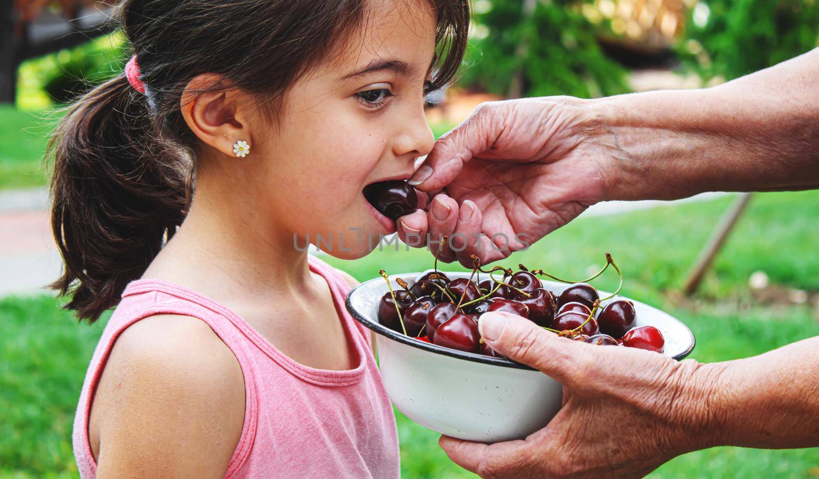 grandparents feed the child with cherries.selective focus. by mila1784