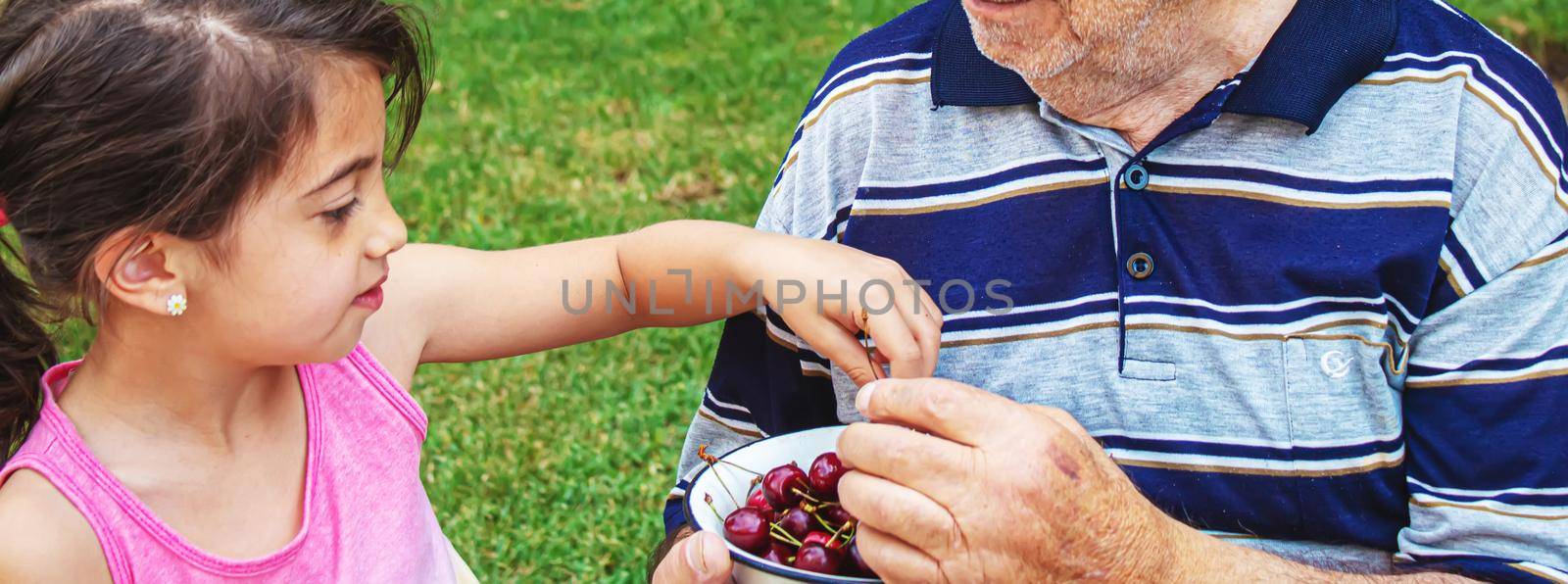 grandparents feed the child with cherries.selective focus.nature