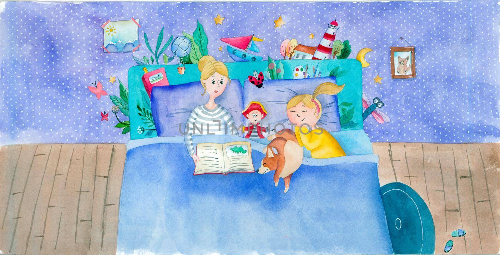 Watercolor illustration of a mother reading bedtime story to her daughter.