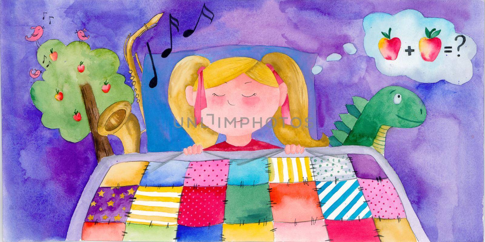 Sweet girl dreams before bedtime. Handdrawn watercolor illustration