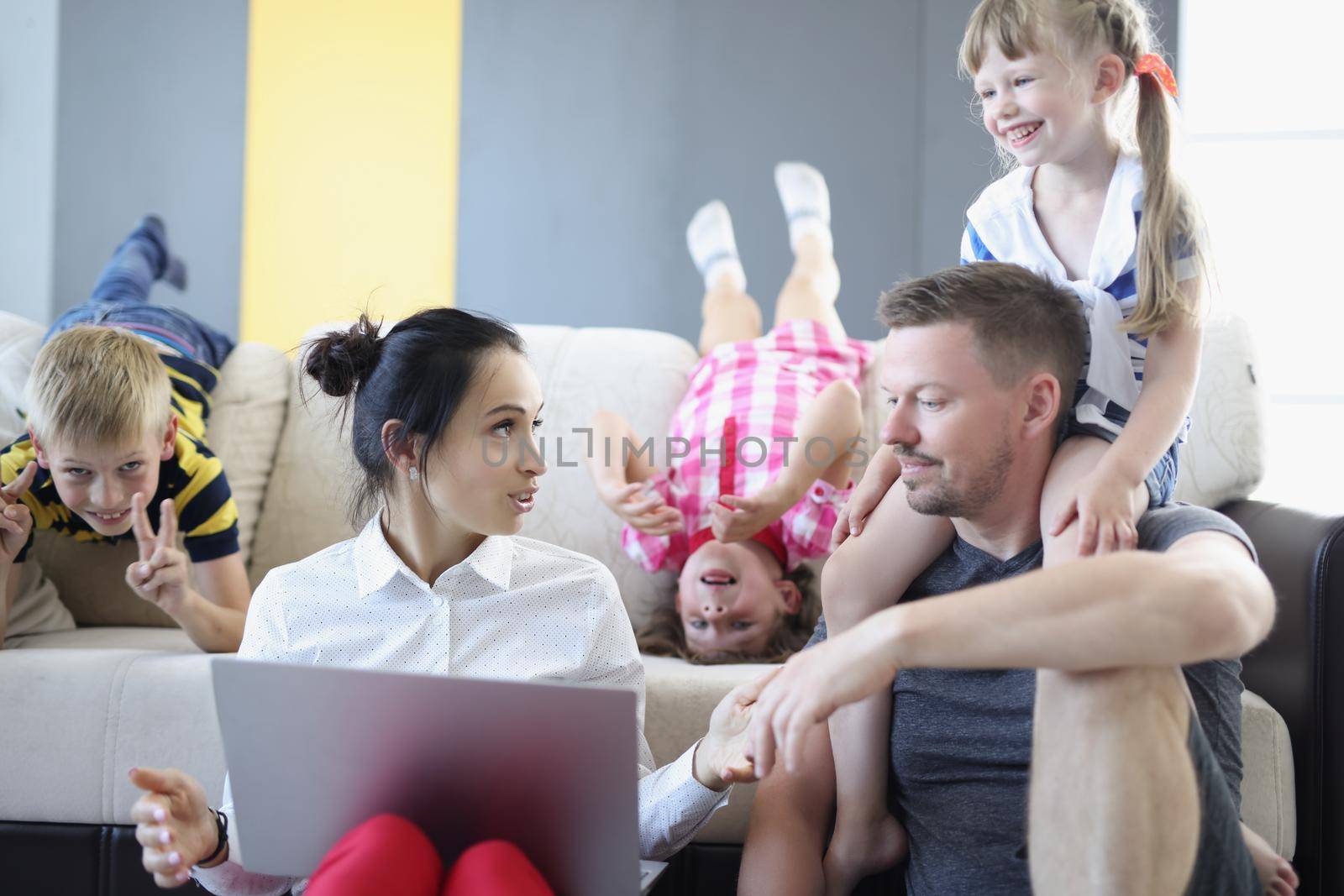 Portrait of family spend time together, father mother and kids chatting, quality time on weekend. Family, childhood, parenthood, leisure, pastime concept