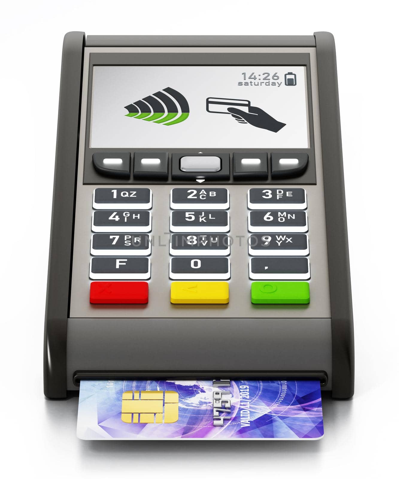 POS machine and credit card isolated on white background. 3D illustration by Simsek