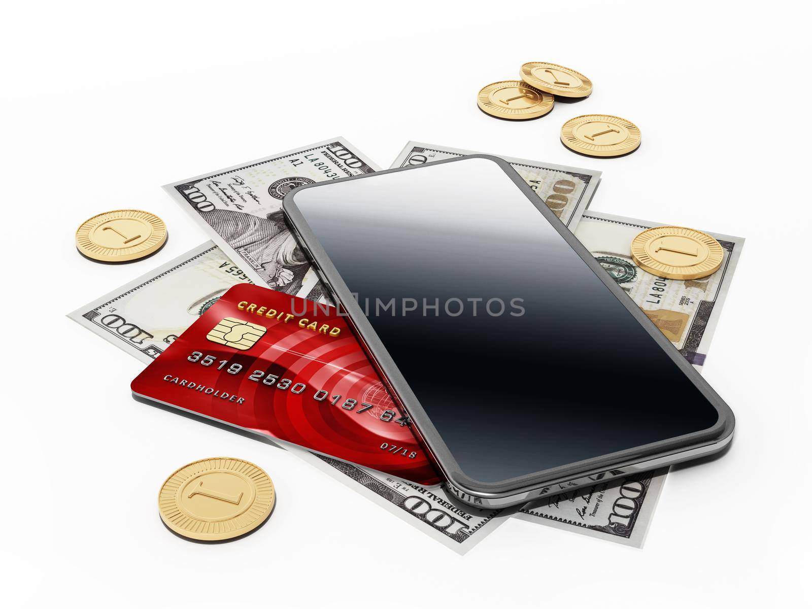 Smartphone, credit card and bills isolated on white background. 3D illustration by Simsek