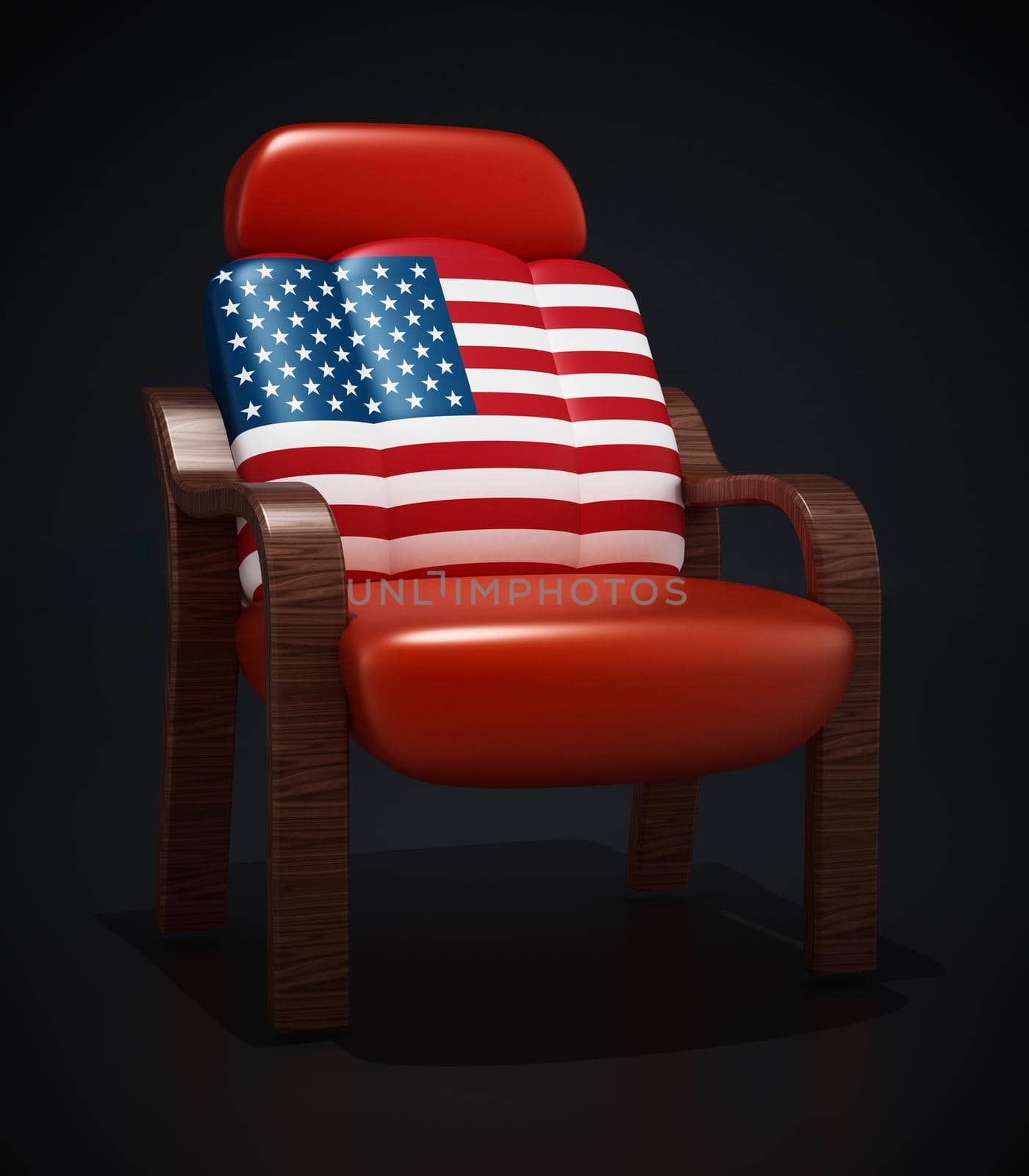 American flag textured luxury leather chair. 3D illustration by Simsek