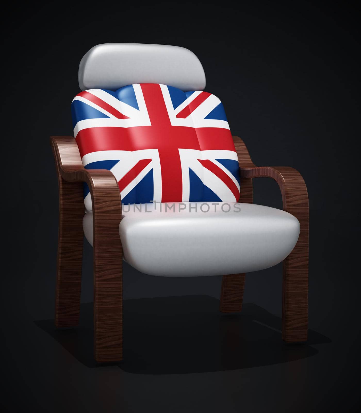 British flag textured luxury leather chair. 3D illustration by Simsek