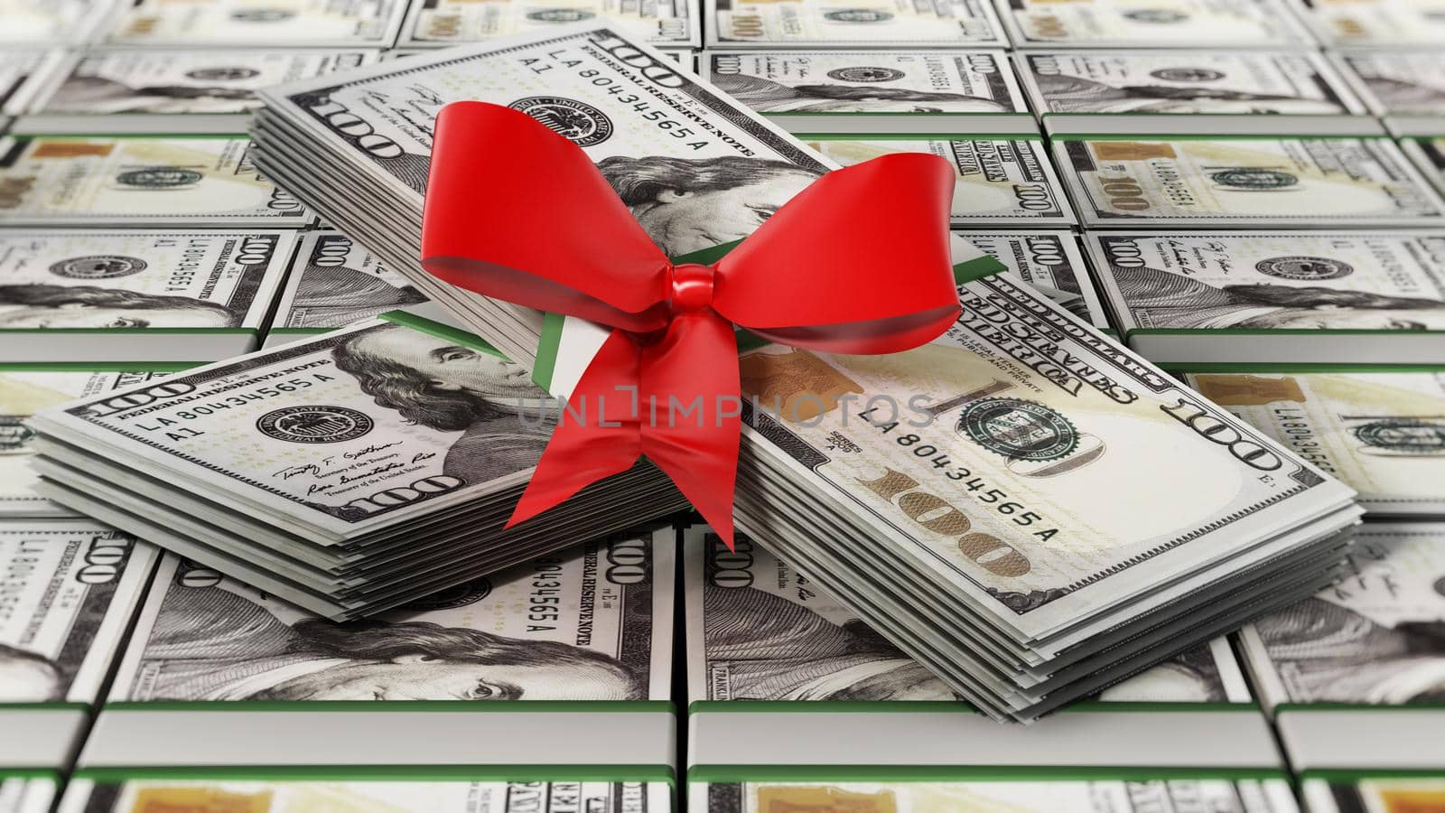 100 dollar money bills with red ribbon. 3D illustration by Simsek