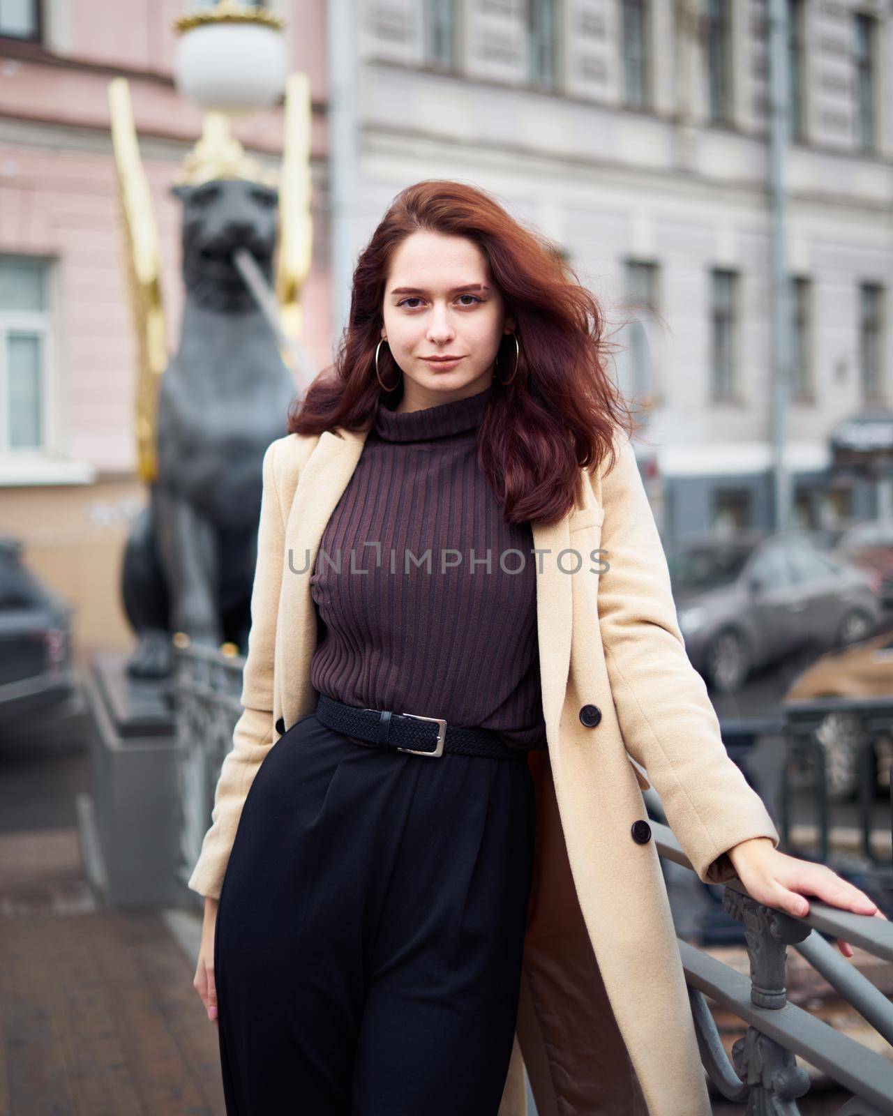 Beautiful serious stylish fashionable smart girl standing on bridge and lookint to camera, St. Petersburg city. Charming thoughtful woman with long dark hair, vertical by NataBene