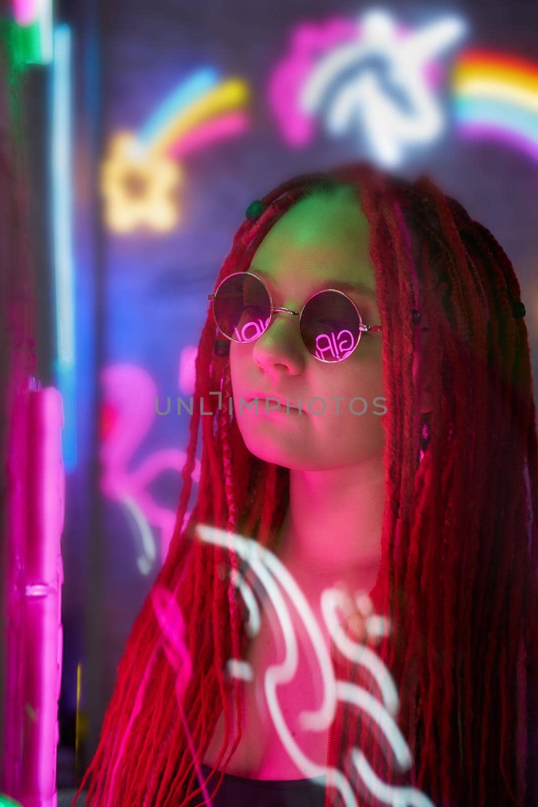 Girl in neon lights, beautiful woman in sunglasses, with pink hair, with dreadlocks pigtails by NataBene
