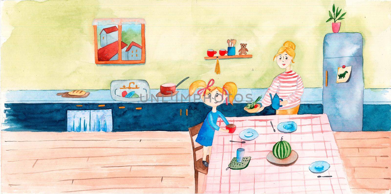 Cheerful mom and daughter cook together at home in the kitchen. The concept of happy motherhood and joint activities with children by GalaArt