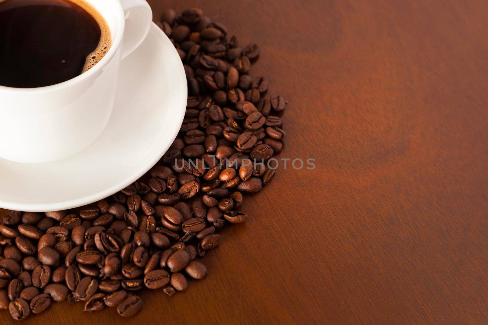 partial view coffee cup beans wooden table by Zahard