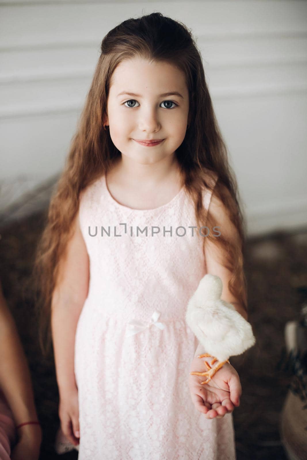 Girl in dress and hay hat keeping basket with little chick by StudioLucky