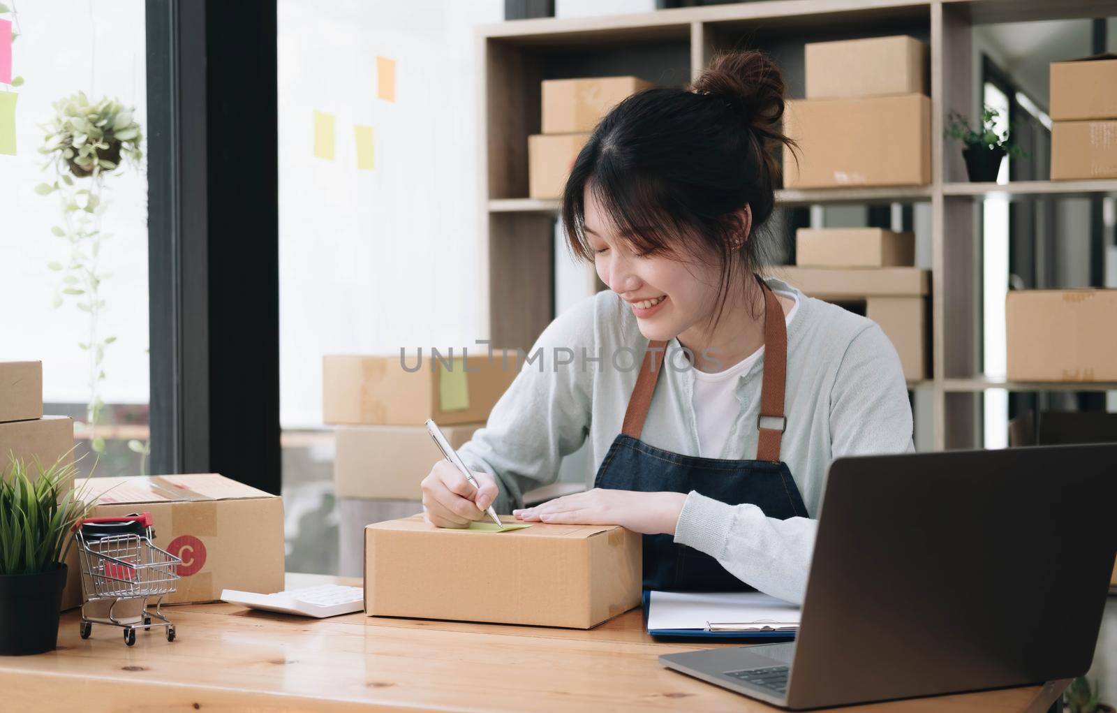 Starting small businesses SME owners female entrepreneurs Write the address on receipt box and check online orders to prepare to pack the boxes, sell to customers, sme business ideas online. by wichayada