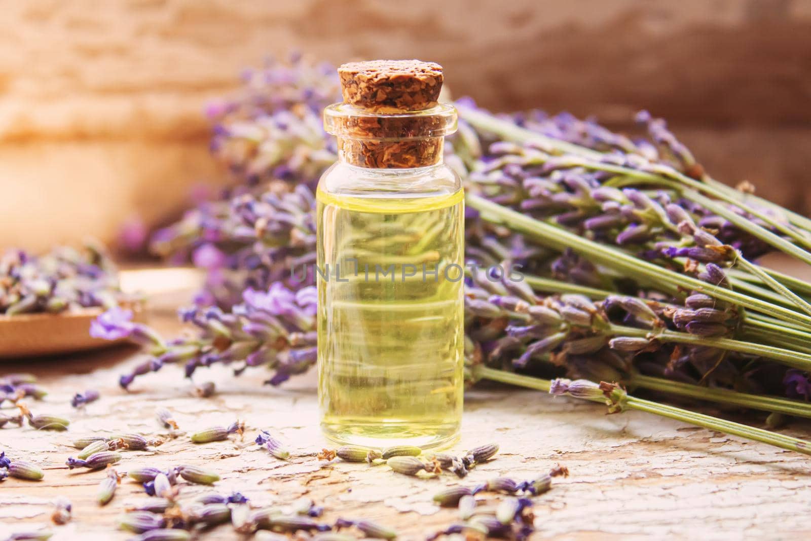 Lavender essential oil in a small bottle. Selective focus. nature.