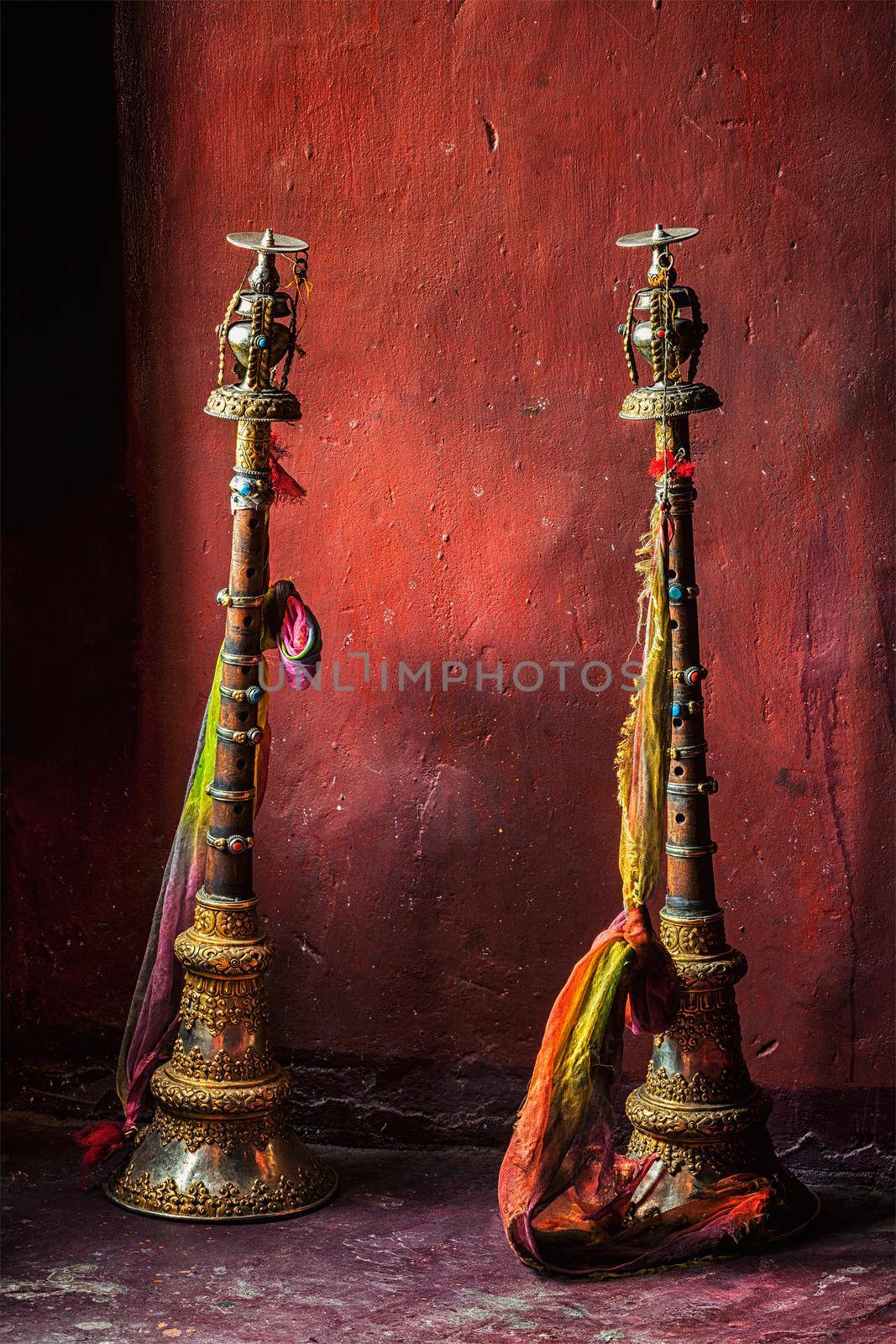 Buddhist prayer horns, Spituk Gompa (Tibetan Buddhist monastery). Ladakh, Jammu and Kashmir, India