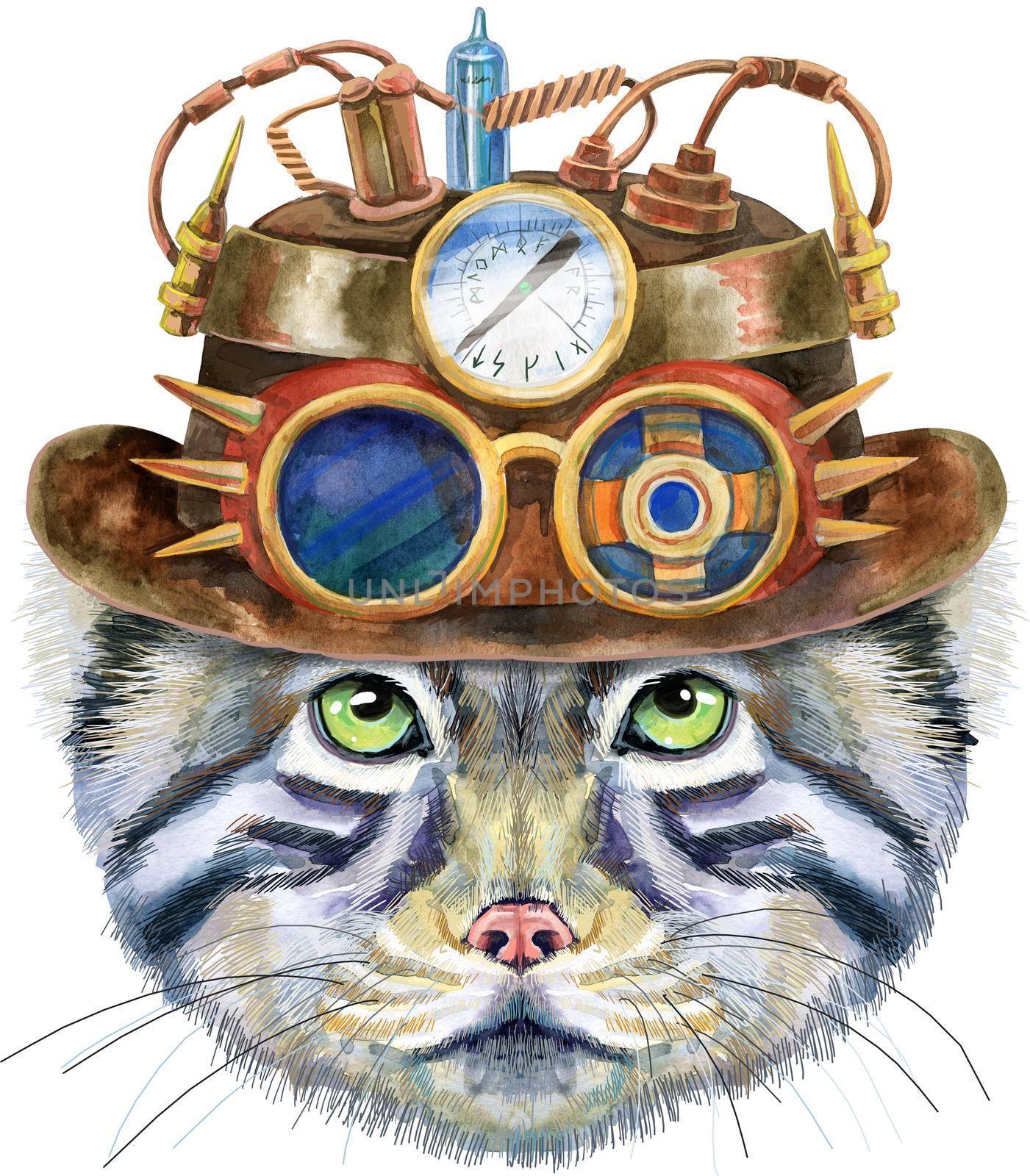 Watercolor portrait of a Manul Cat in steampunk hat with googles on white background by NataOmsk