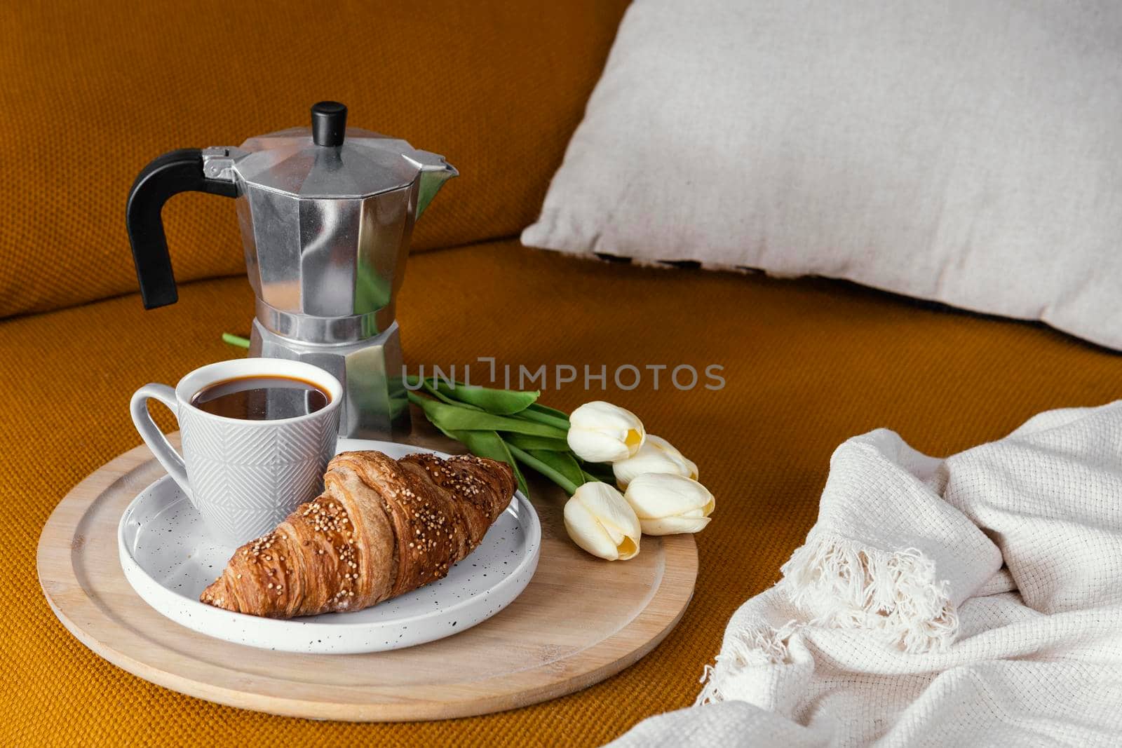 high angle croissant coffee flowers