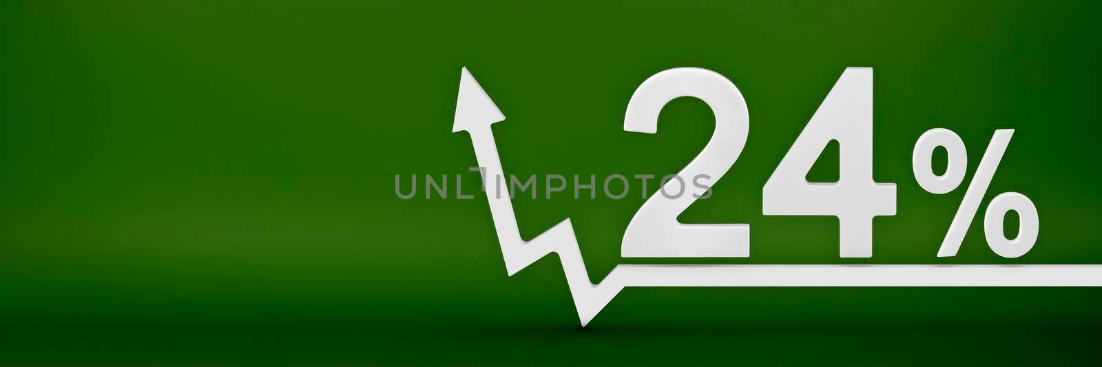 24 percent. The arrow on the graph points up. Rising prices, inflation, increase in income, increase in interest rates, taxes. 3d banner, twenty four percent sign discount on a green background. by SERSOL