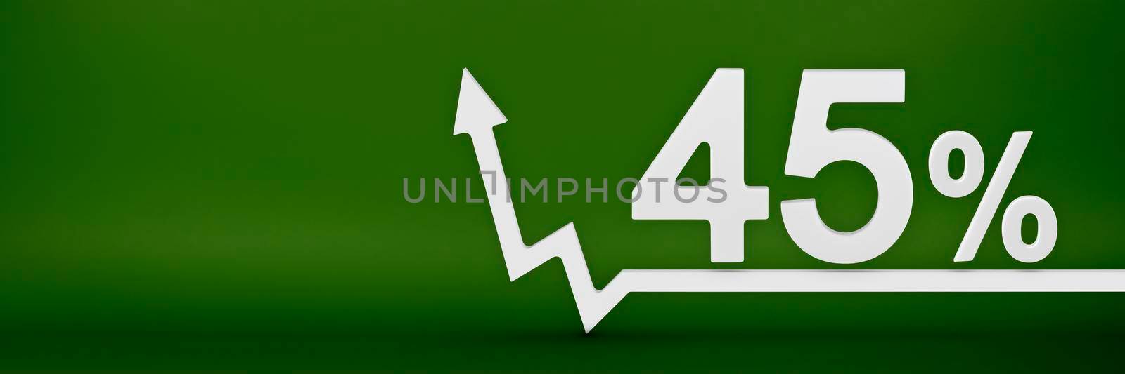 45 percent. The arrow on the graph points up. Rising prices, inflation, increase in income, increase in interest rates, taxes. 3d banner, forty five percent sign discount on a green background. by SERSOL