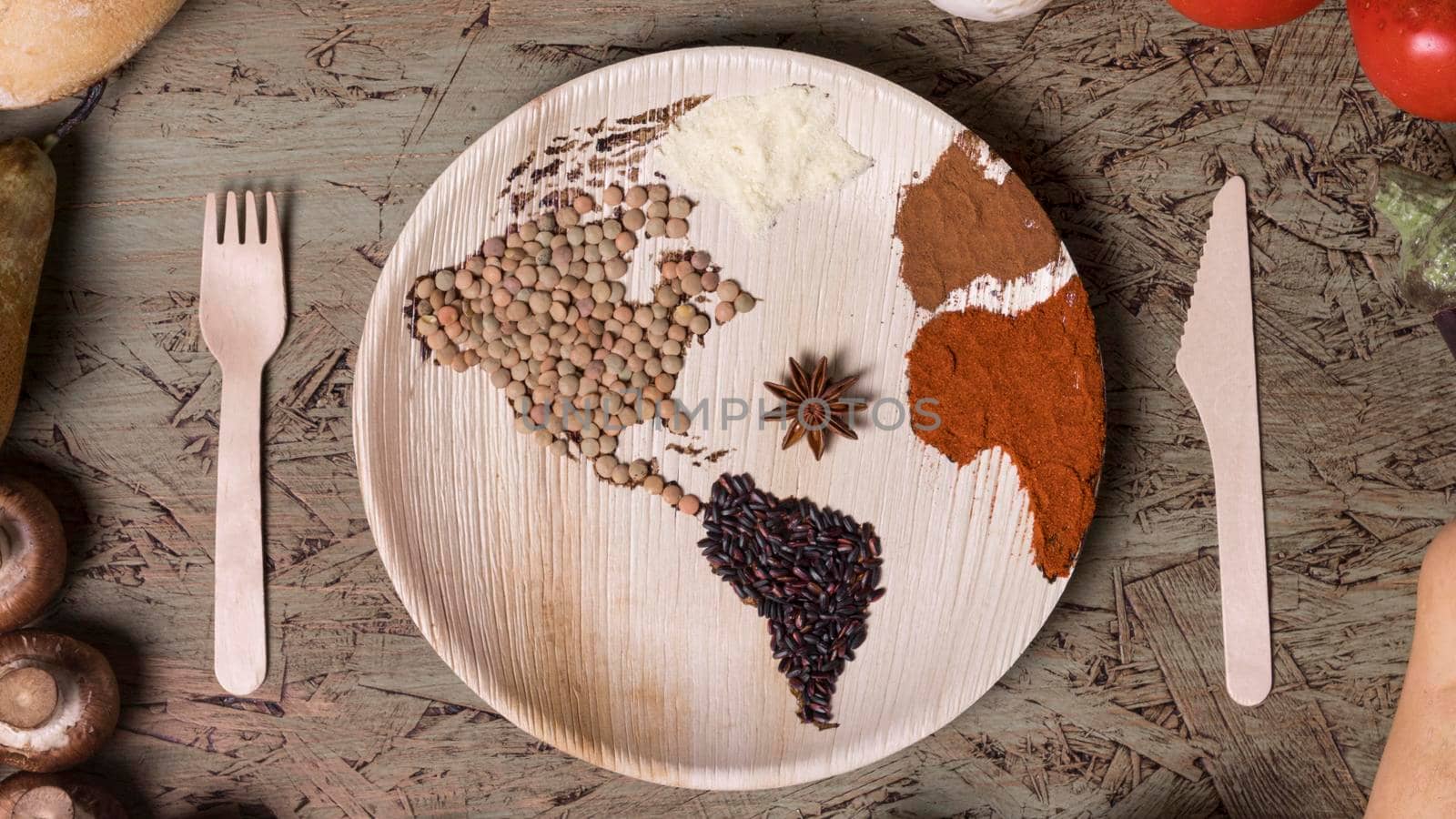 flat lay plate with world map beans