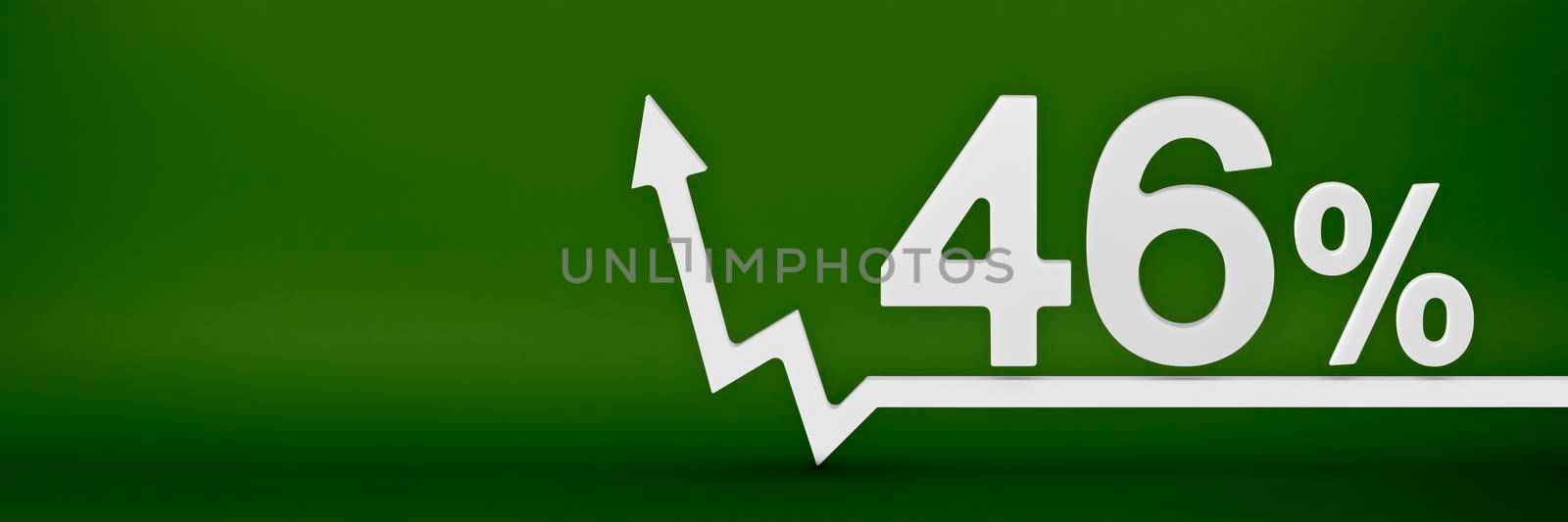 46 percent. The arrow on the graph points up. Rising prices, inflation, increase in income, increase in interest rates, taxes. 3d banner, forty six percent sign discount on a green background